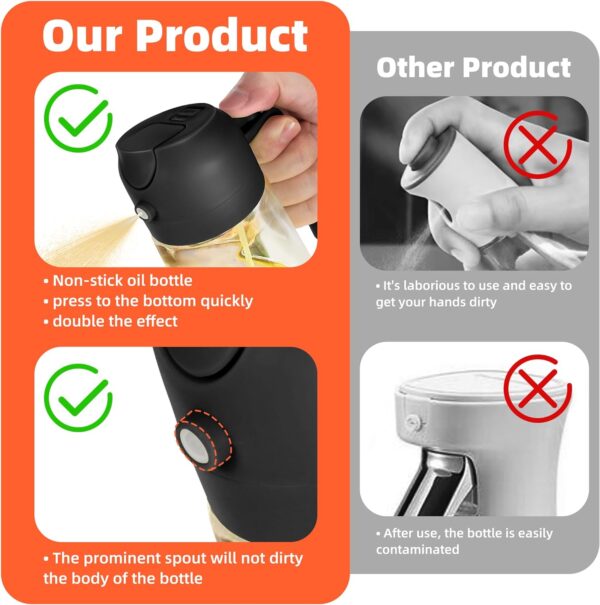 TrendPlain 16oz Olive Oil Dispenser Bottle for Kitchen - 2 in 1 Oil Dispenser and Oil Sprayer for Cooking, Air Fryer, Salad, 470ml Olive Oil Sprayer Black - Image 3