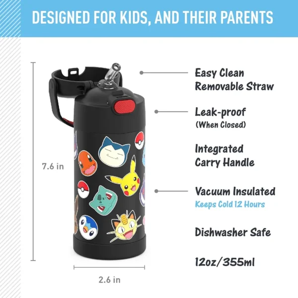 THERMOS FUNTAINER Water Bottle with Straw - 12 Ounce, Pokémon - Kids Stainless Steel Vacuum Insulated Water Bottle with Lid - Image 2